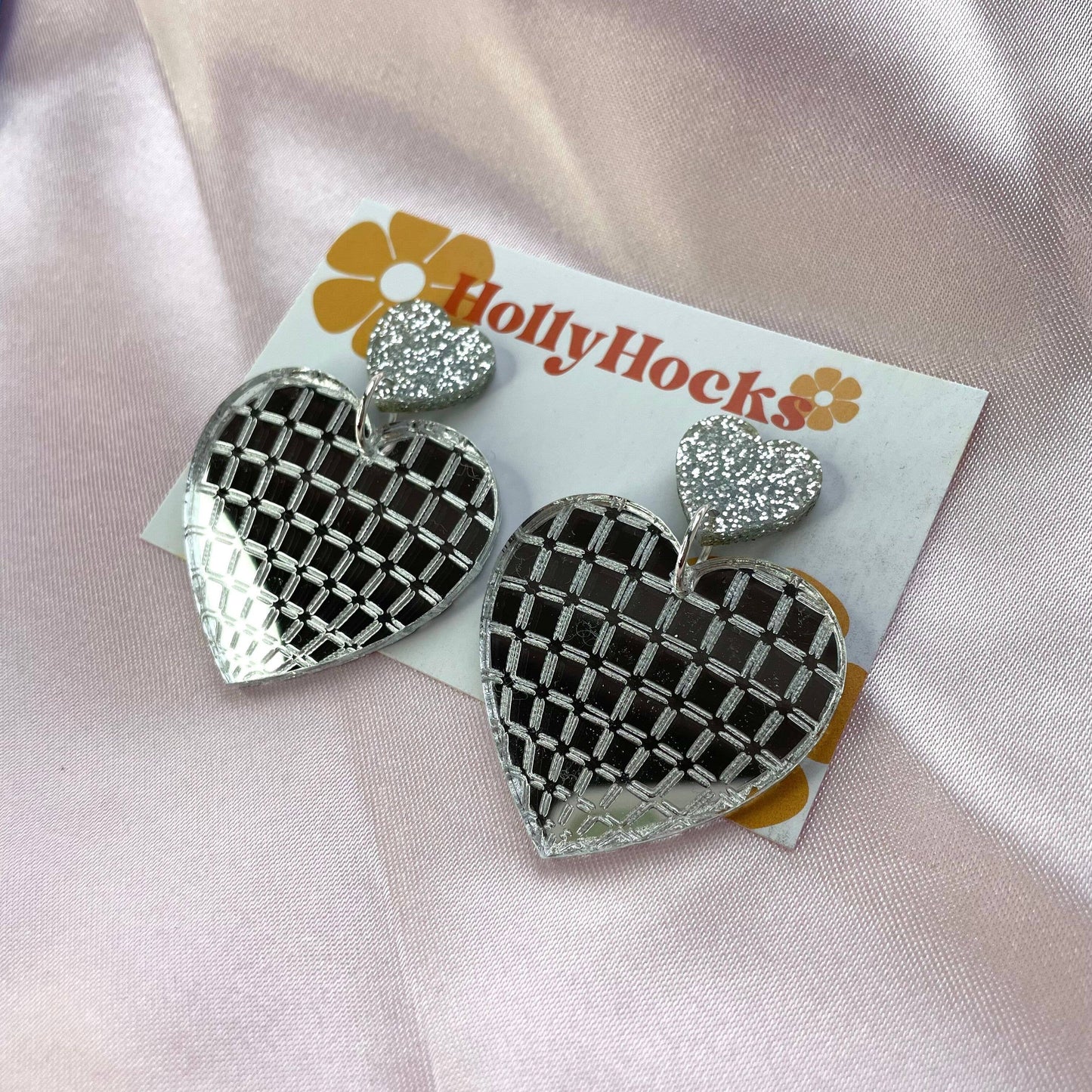 Disco Love Heart Acrylic Earrings: Silver