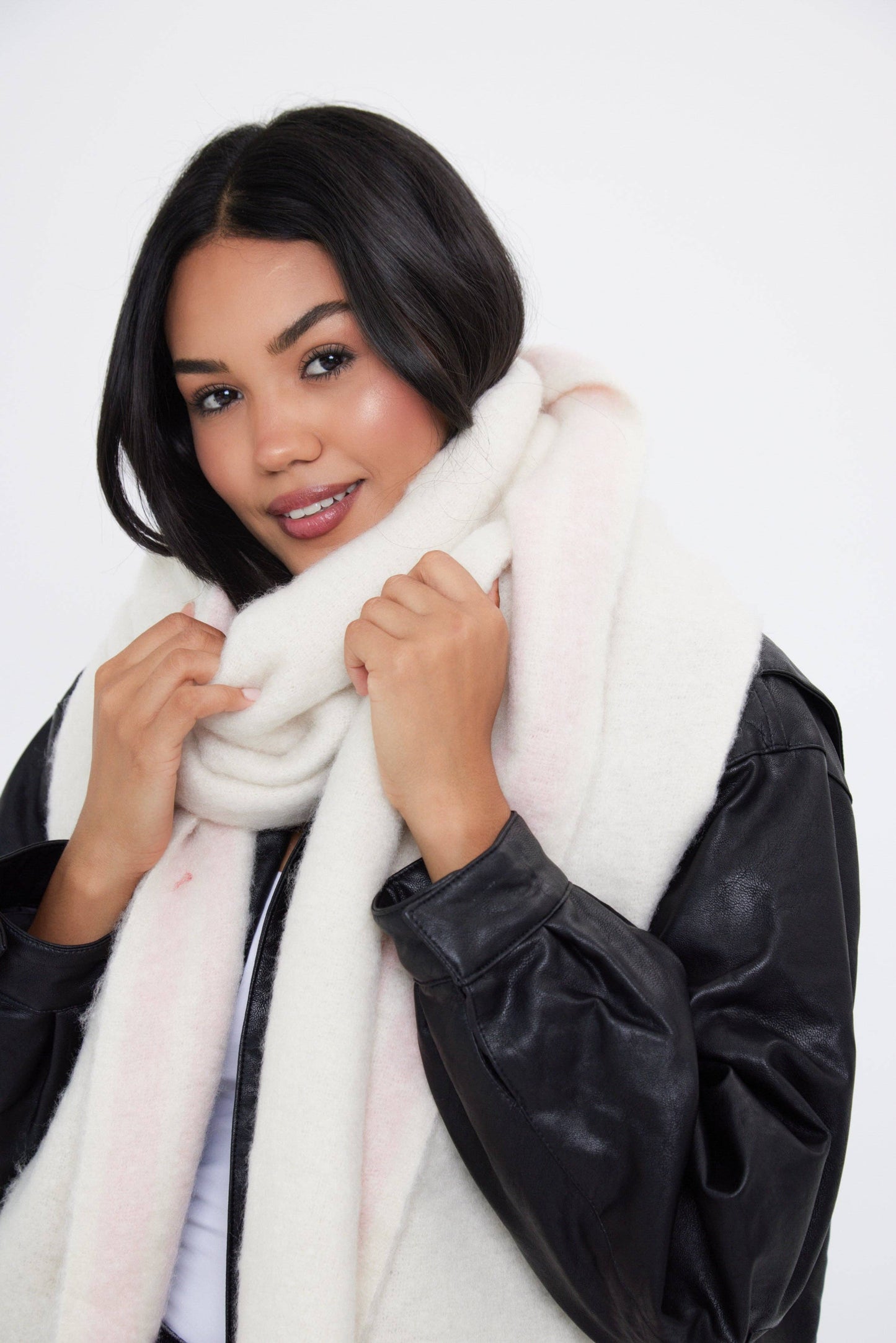 Oversized Super Soft Blanket Scarf with Stripe Detail in Cream, Brown and Pink: Cream
