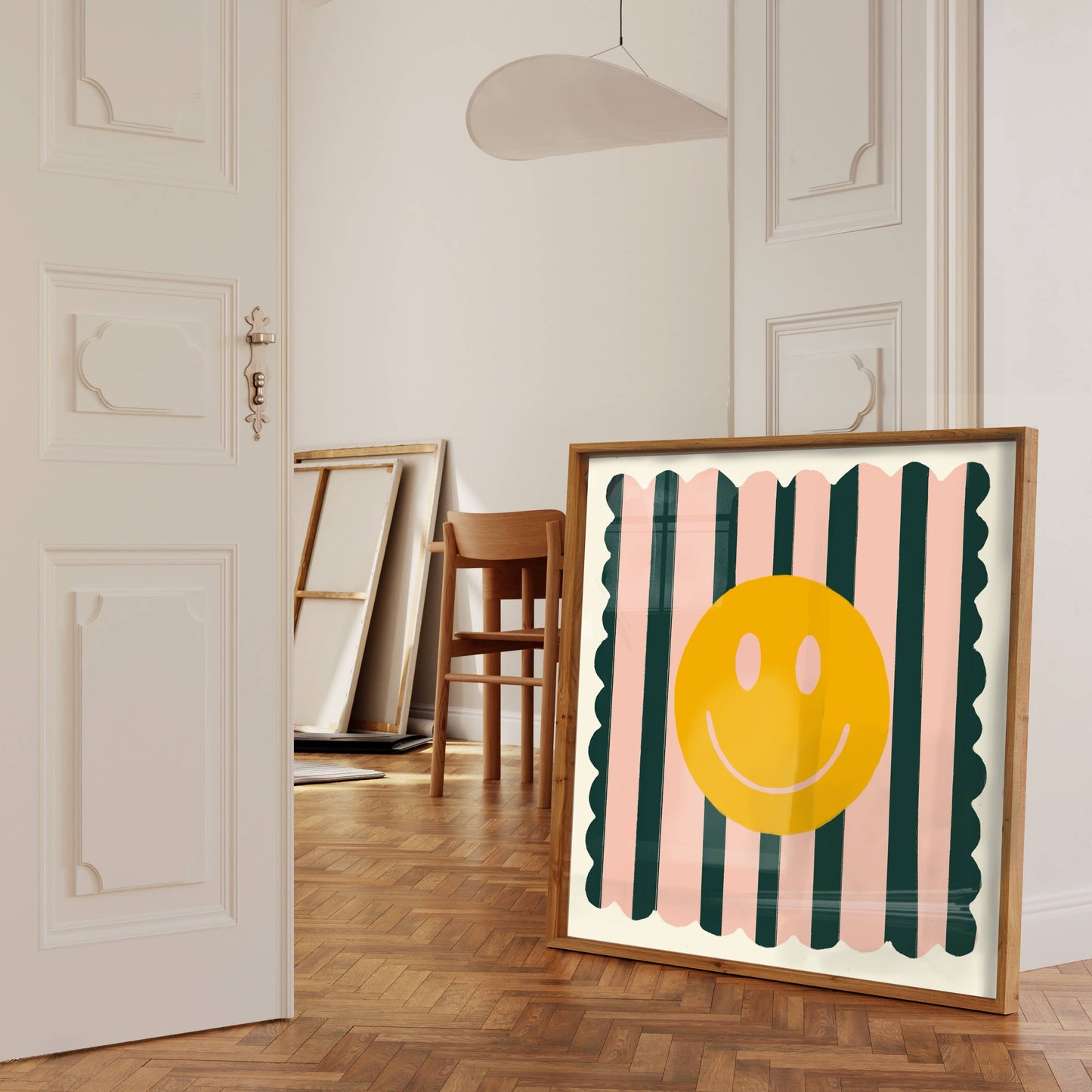 Dark Green Stripey Smileys, Dopamine Decor, Maximalist, : 14 x 14 Inches