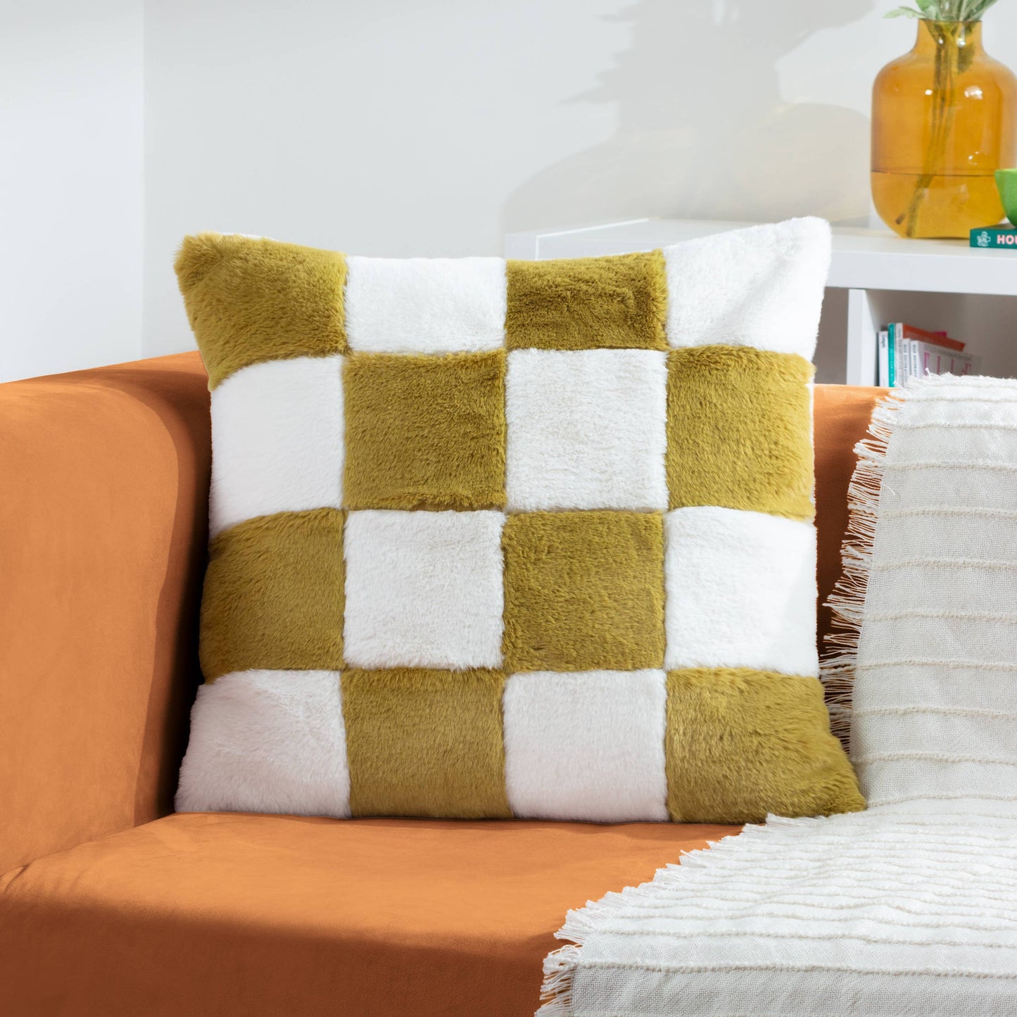 Cozee Check Faux Fur Cushion Olive: Olive / Polyester Filled / 50 x 50cm