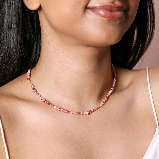 Red Stone Multicoloured Beaded Necklace