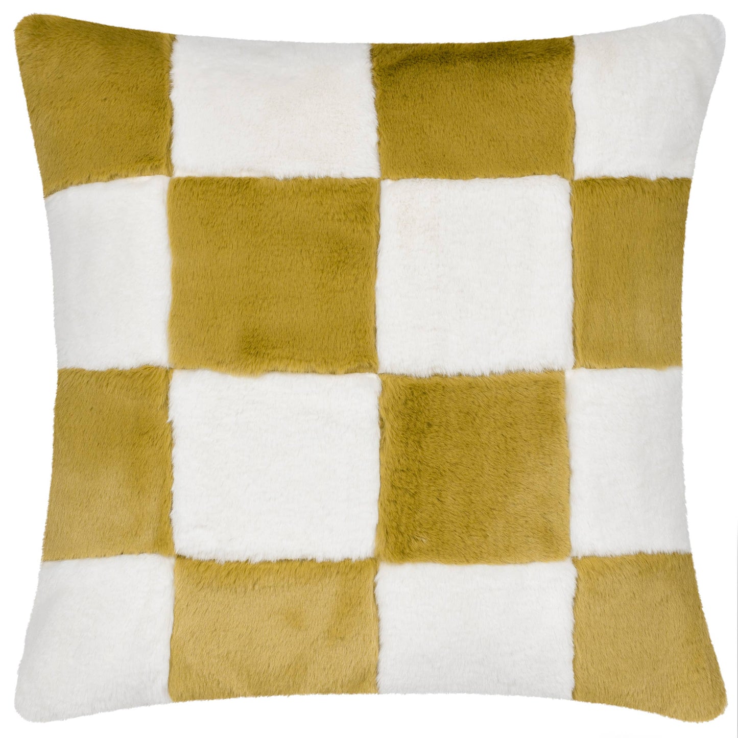 Cozee Check Faux Fur Cushion Olive: Olive / Polyester Filled / 50 x 50cm