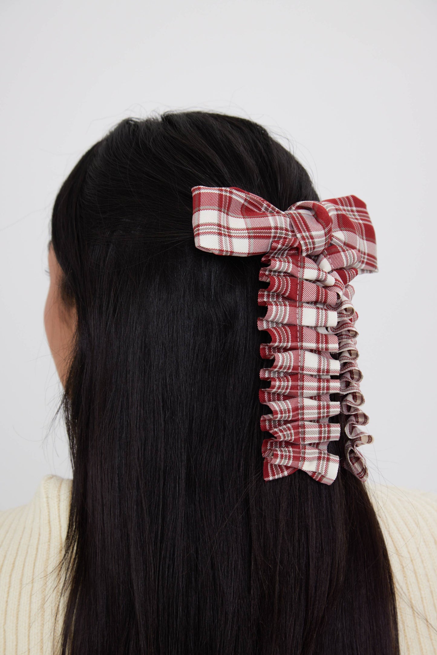 Ruched Check Bow Clip in Red: Red