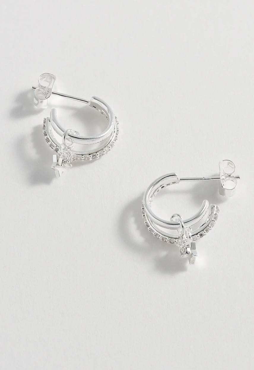 Estella Bartlett Duo Pave Star Hoops Silver Plated Earrings