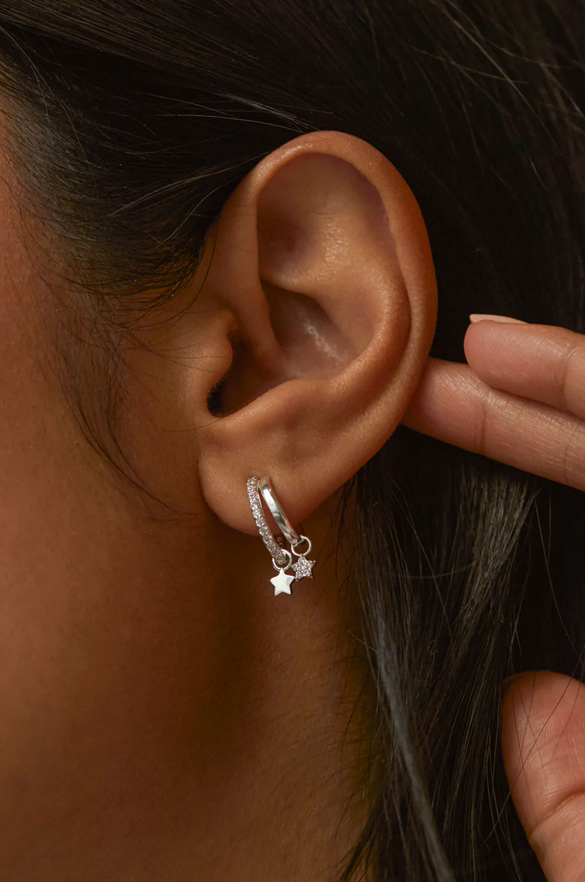 Estella Bartlett Duo Pave Star Hoops Silver Plated Earrings