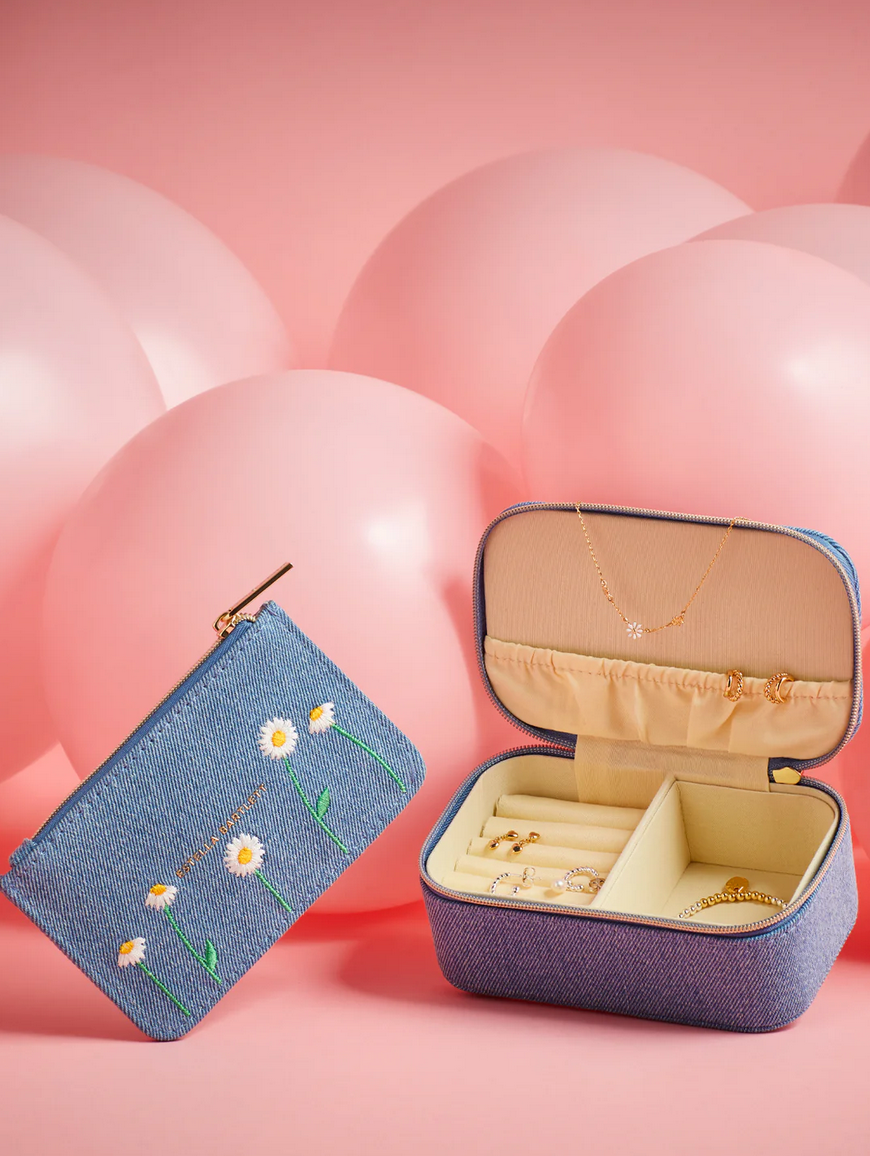 Estella Bartlett Daisy Embroidered Denim Card & Coin Purse