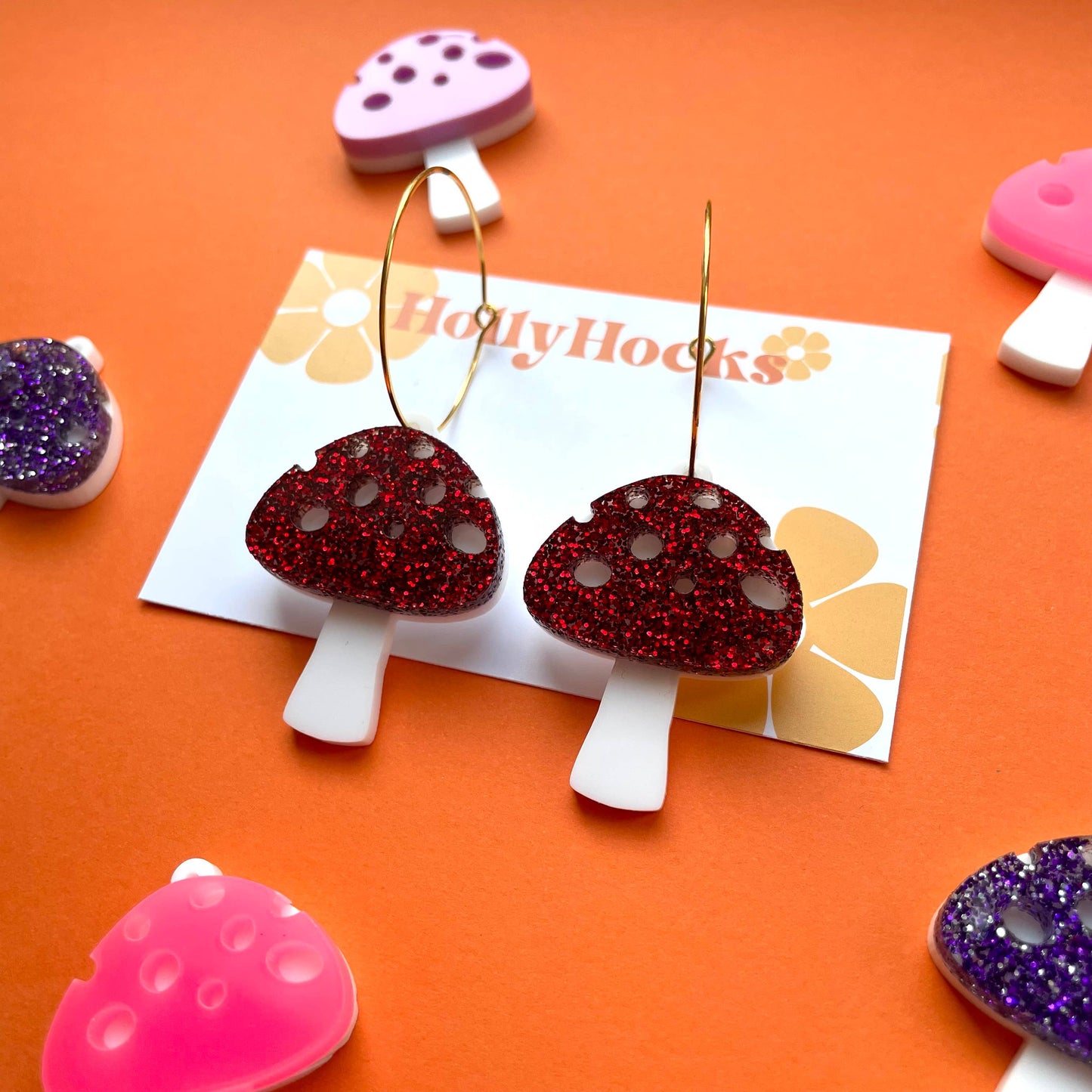 Toadstool Mushroom Hoop Acrylic Earrings: Gold hoop