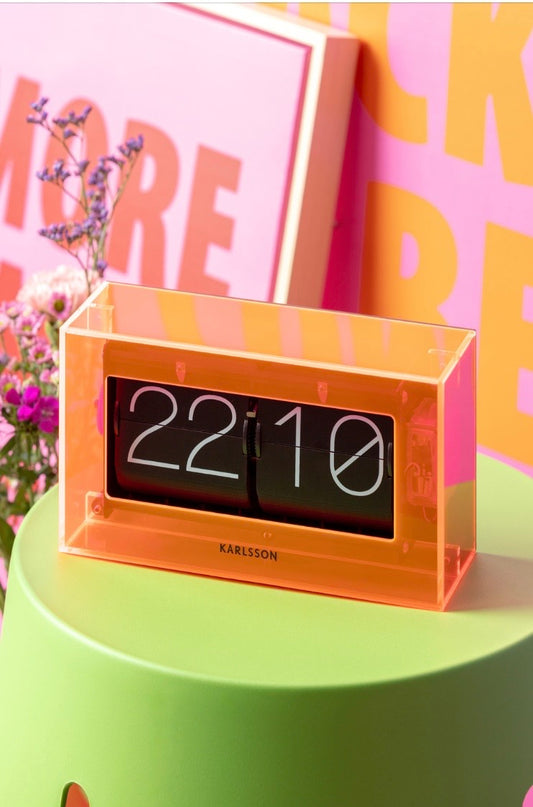 Karlsson neon orange boxed flip table clock