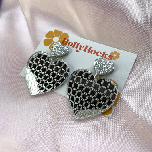 Disco Love Heart Acrylic Earrings: Silver