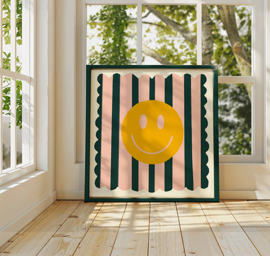 Dark Green Stripey Smileys, Dopamine Decor, Maximalist,  : 14 x 14 Inches