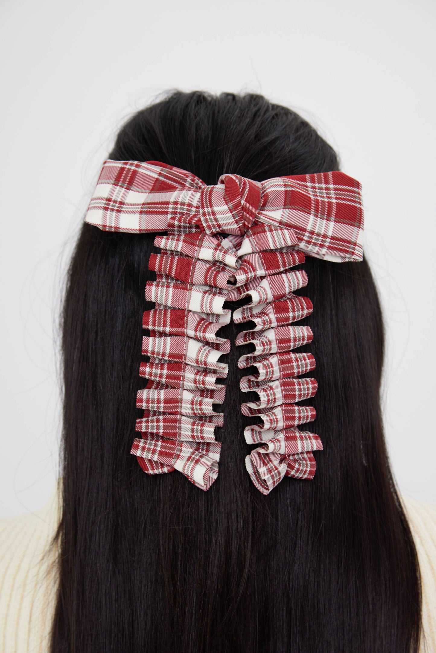 Ruched Check Bow Clip in Red: Red