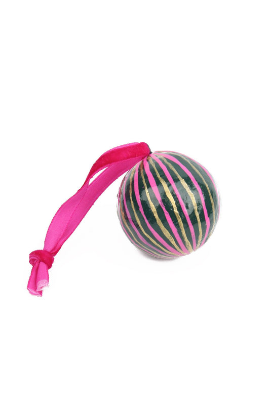GREEN, PINK AND GOLD MINI STRIPE ROUND BAUBLE DECORATION