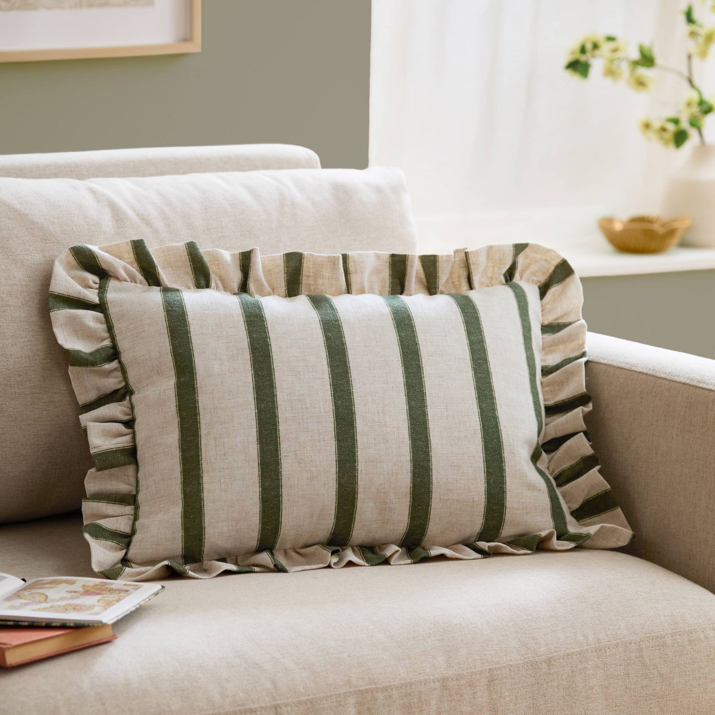 Connie Striped Ruffle Cushion Moss: Moss / Polyester Filled / 35 x 50cm