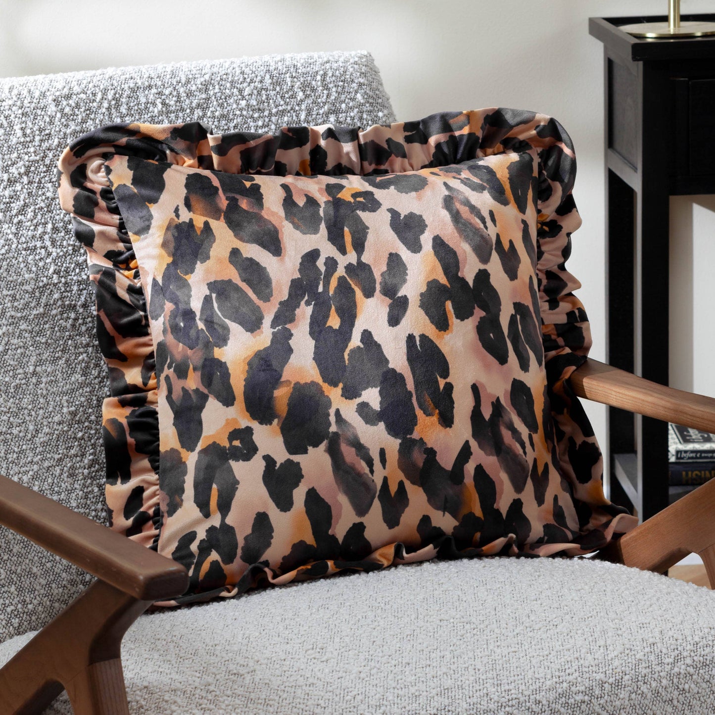 Leopard Printed Velvet Ruffle Cushion Multi: Multi / Feather Filled / 45 x 45cm