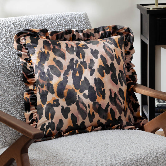 Leopard Printed Velvet Ruffle Cushion Multi: Multi / Feather Filled / 45 x 45cm