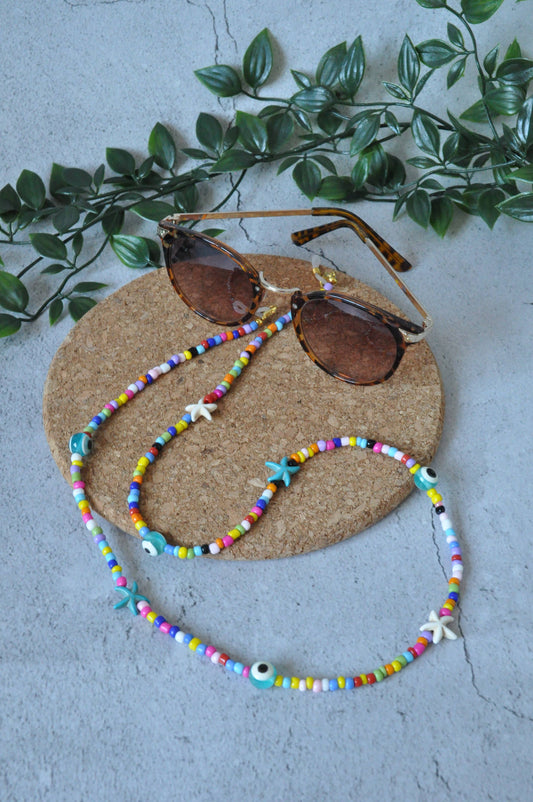 Colourful Evil Eye Glass Seed Beads Glasses Holder: Silver plated clasps