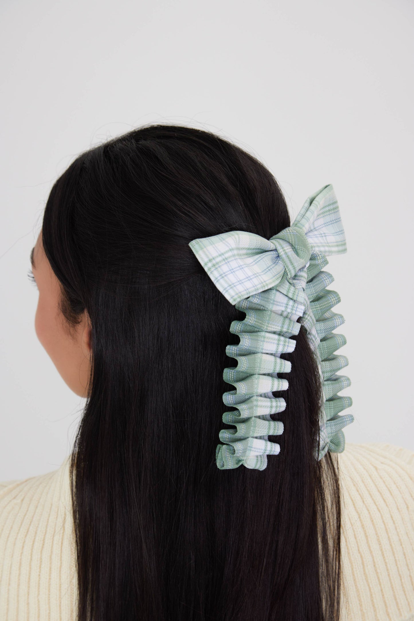 Ruched Check Bow Clip in Green: Green