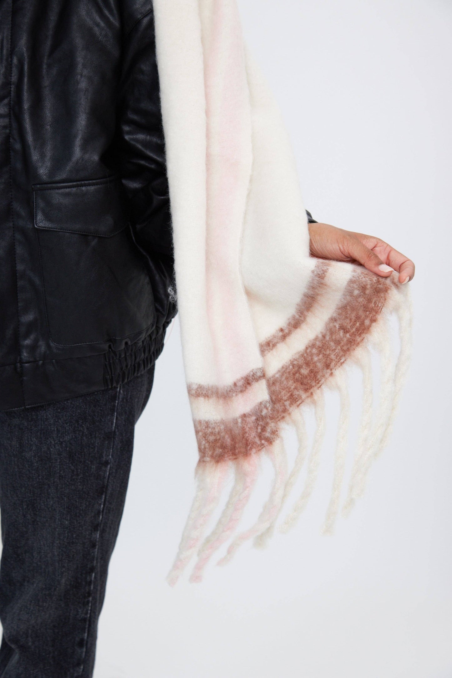 Oversized Super Soft Blanket Scarf with Stripe Detail in Cream, Brown and Pink: Cream