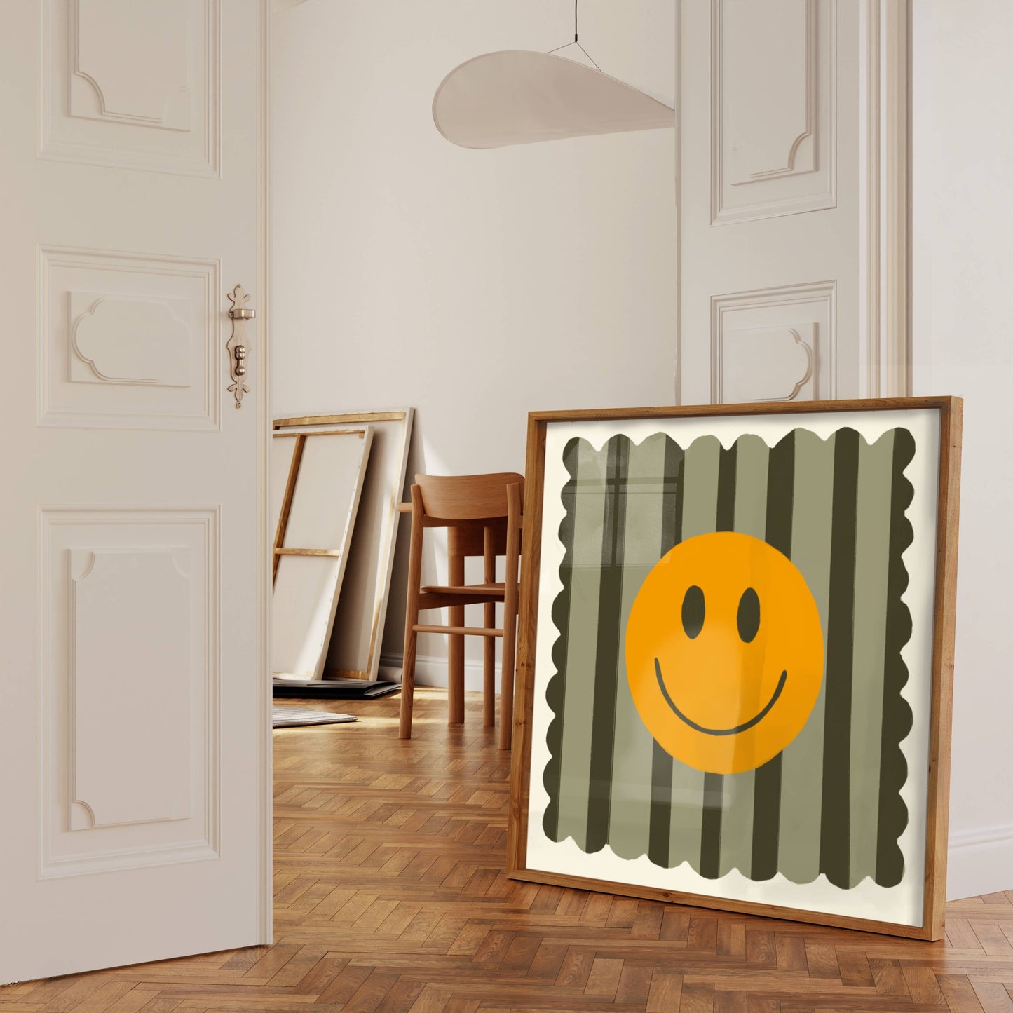 Olive Stripe Smiley, Dopamine Decor, Maximalist, Colourful : 14 x 14 Inches