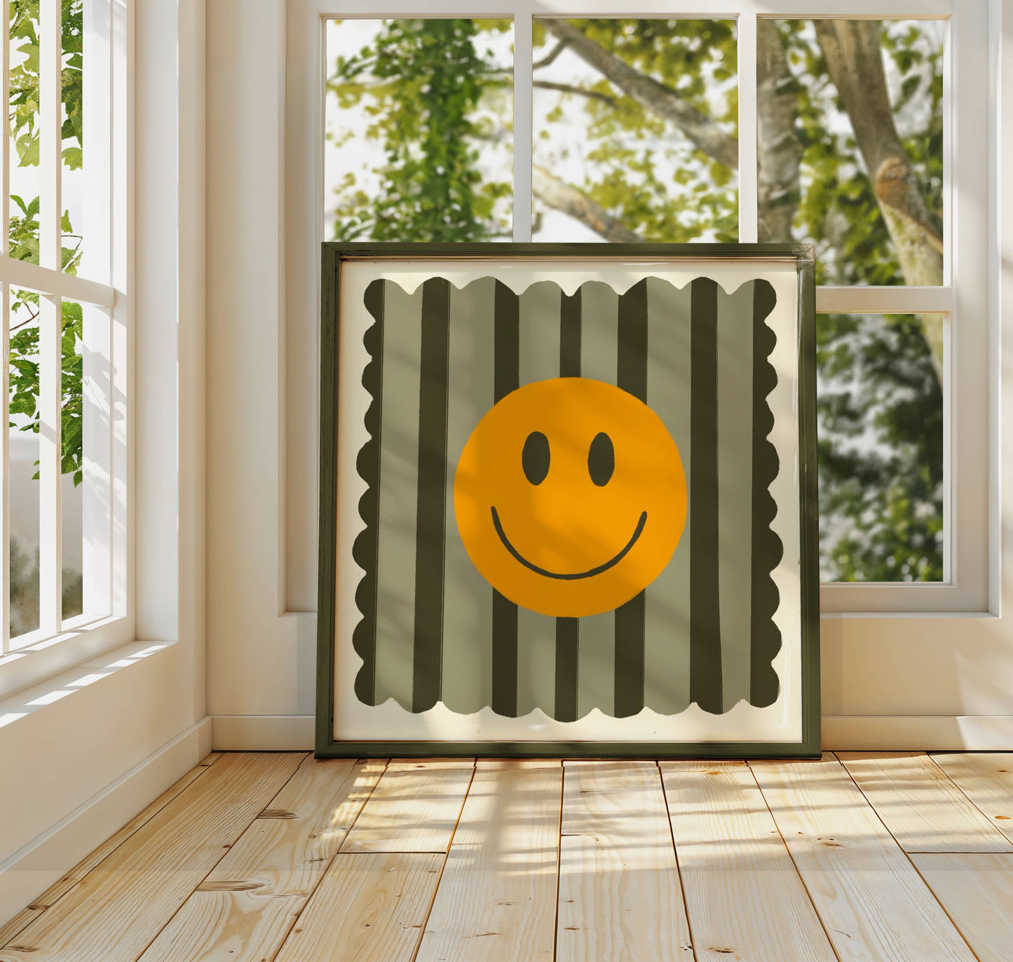 Olive Stripe Smiley, Dopamine Decor, Maximalist, Colourful : 14 x 14 Inches