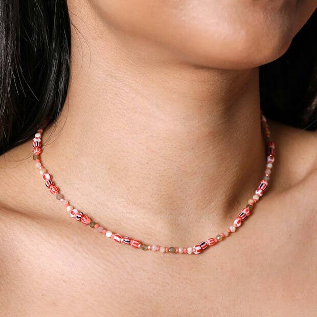 Red Stone Multicoloured Beaded Necklace