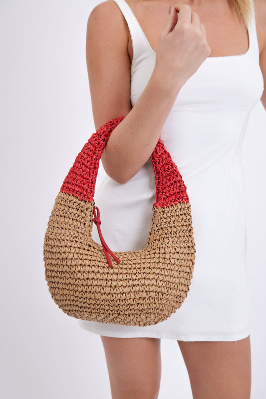 Round Straw Shoulder Bag with Red Handle: Brown
