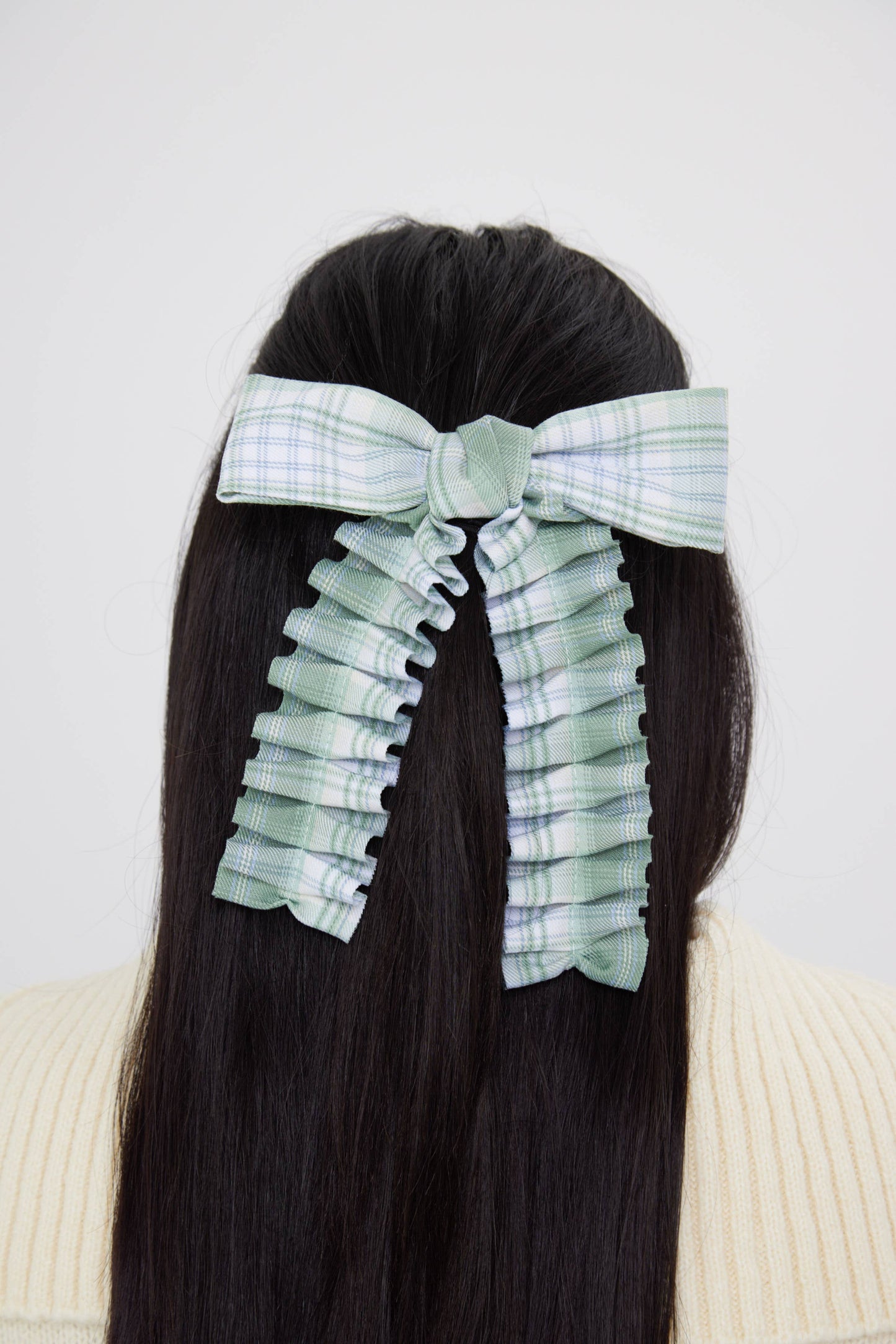 Ruched Check Bow Clip in Green: Green