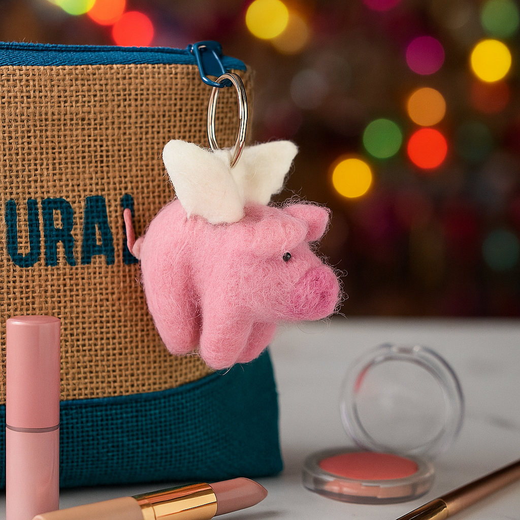 Handmade Fair trade Needle Felt Flying Pig Keyring