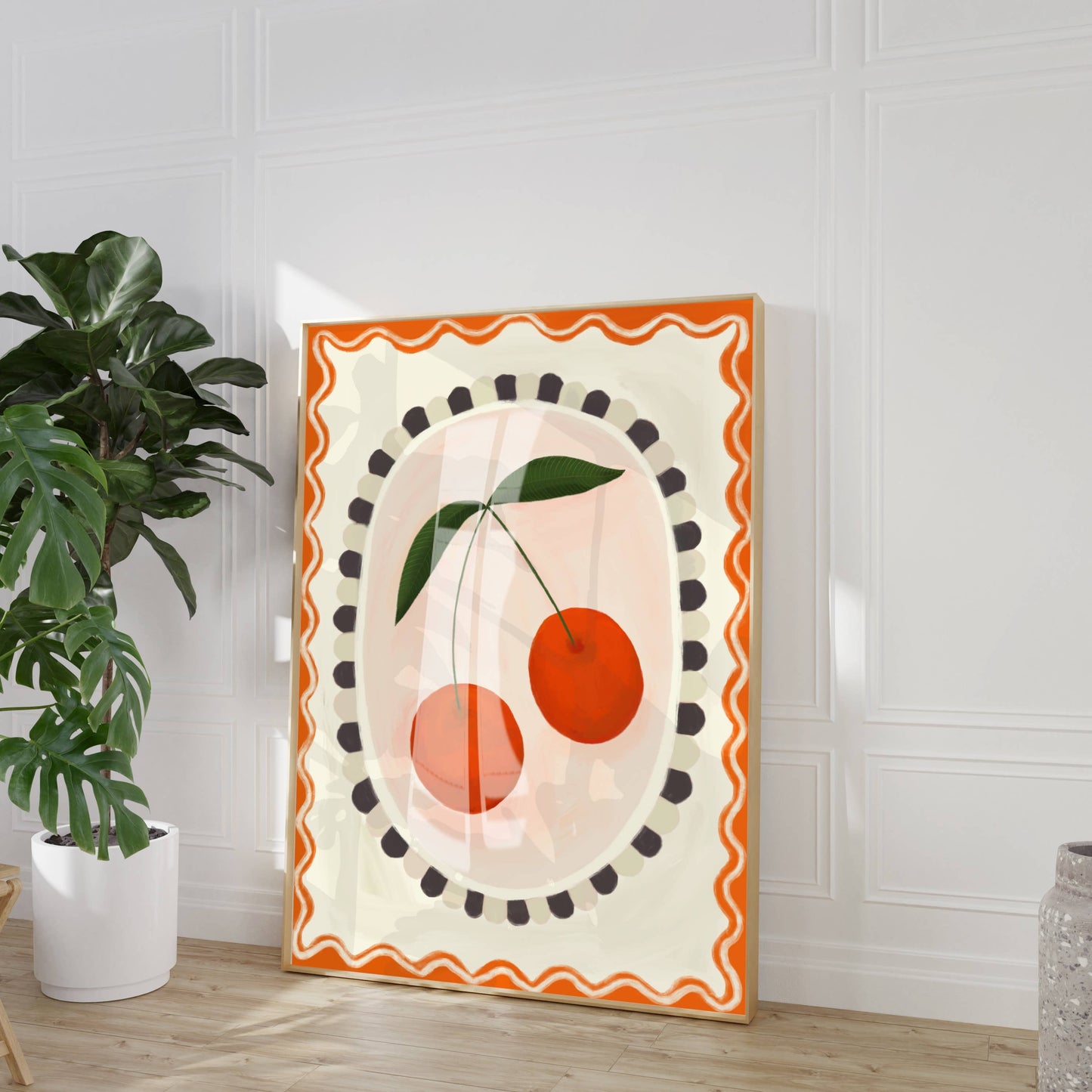 Cherry with border, Art print, Kitchen art,  colourful art: A4