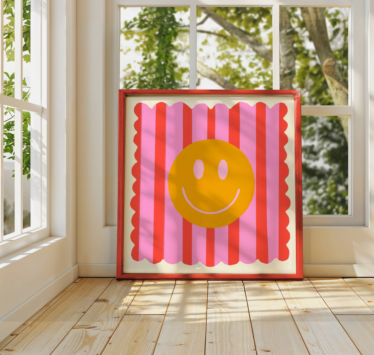 Red Stripe Smiley, Dopamine Decor, Maximalist, Colourful: 14 x 14 Inches