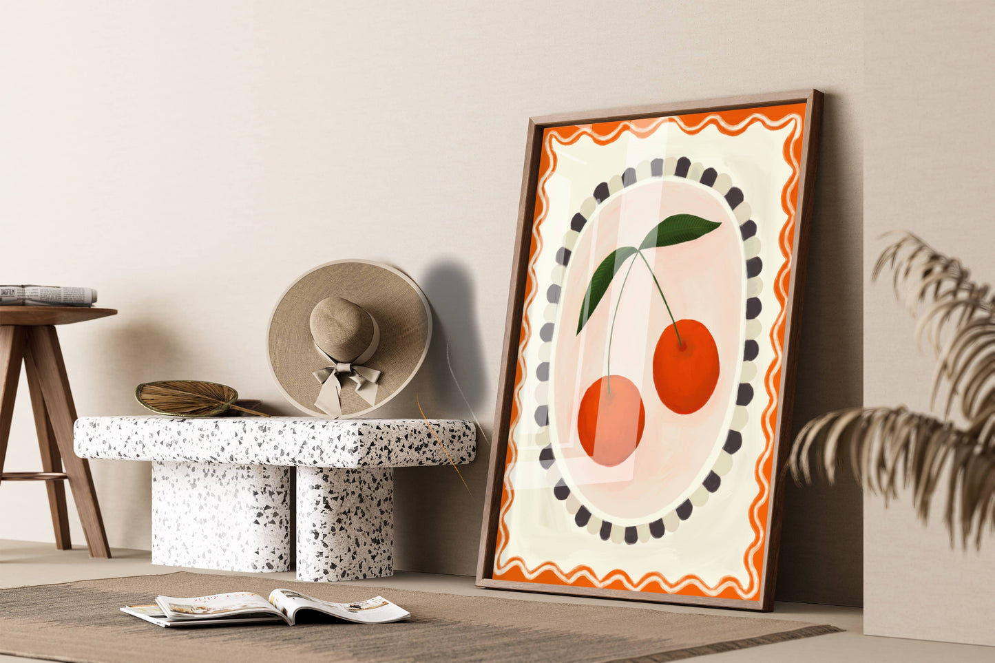 Cherry with border, Art print, Kitchen art,  colourful art: A4