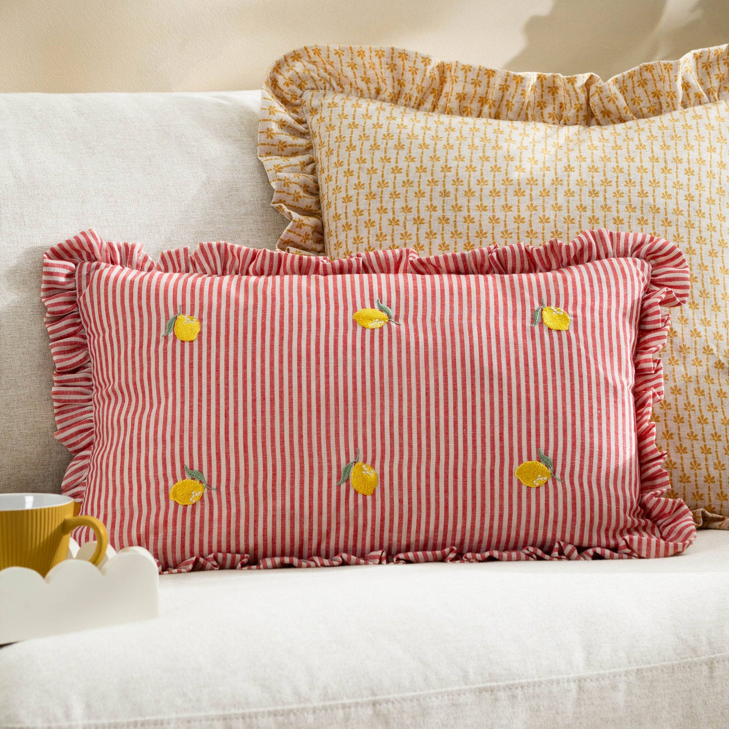 Les Fruites Embroidered Ruffle Cushion Lemons: Lemons / Polyester Filled / 30 x 50cm