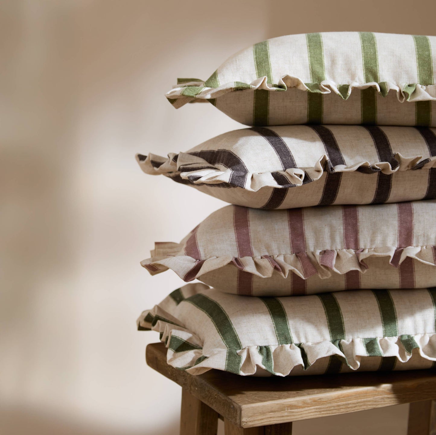 Connie Striped Ruffle Cushion Moss: Moss / Polyester Filled / 35 x 50cm