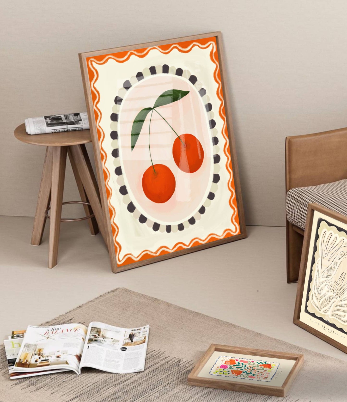 Cherry with border, Art print, Kitchen art,  colourful art: A4