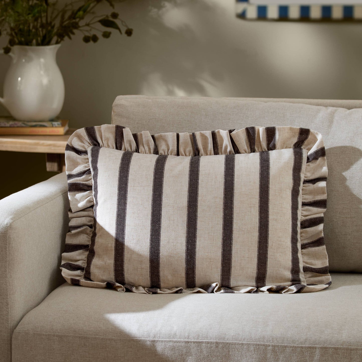 Connie Striped Ruffle Cushion Chocolate: Chocolate / Polyester Filled / 35 x 50cm