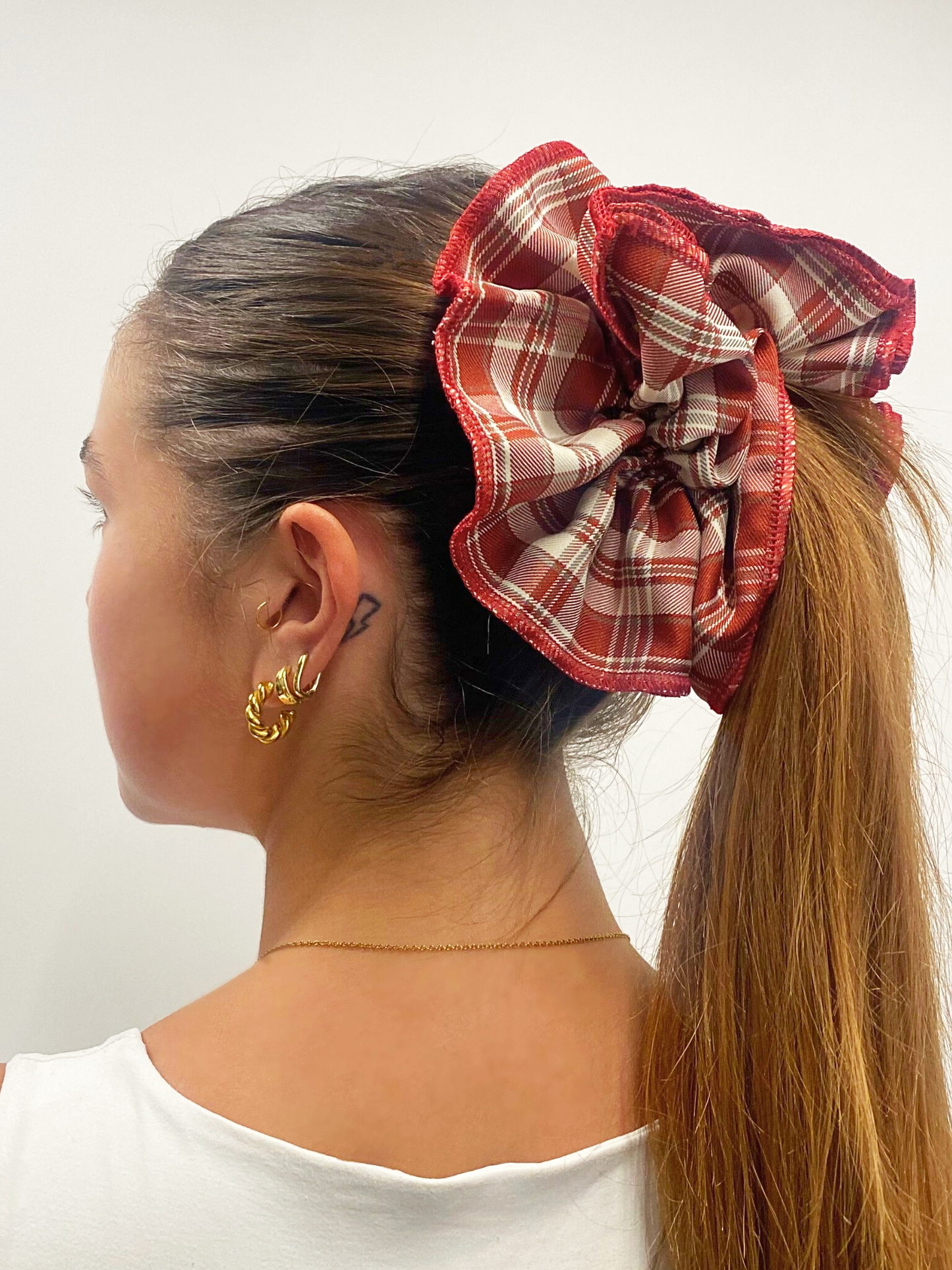 Double Layer Check Scrunchie in Red: Red