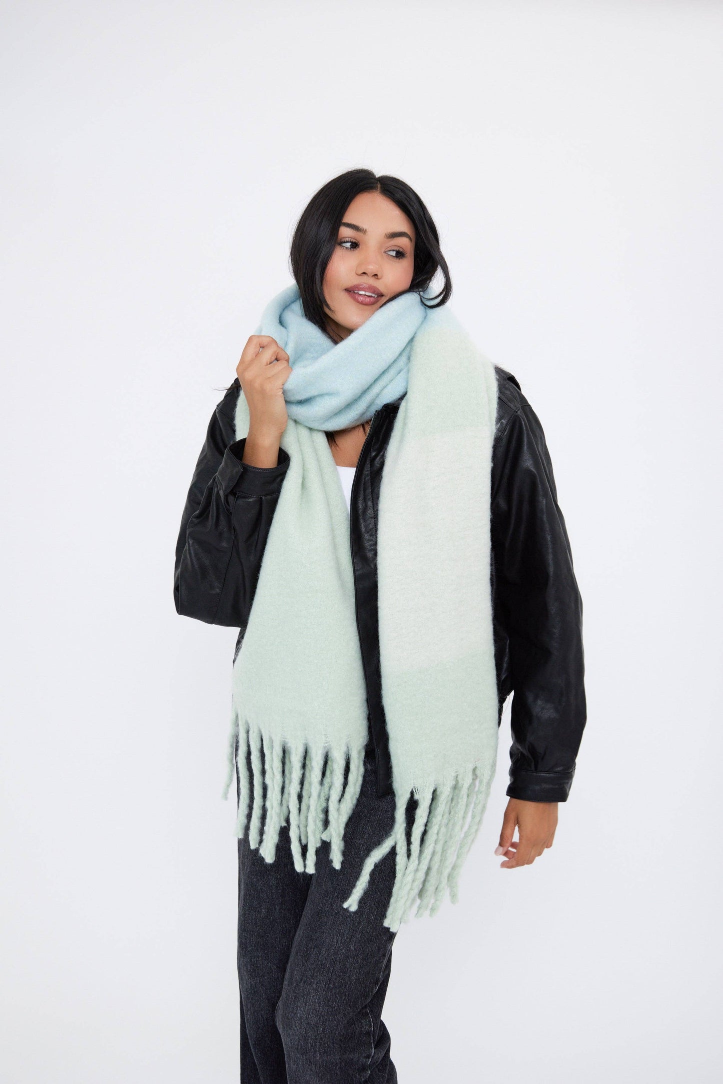Oversized Super Soft Blanket Colour Block Scarf in Blue and Green: Blue