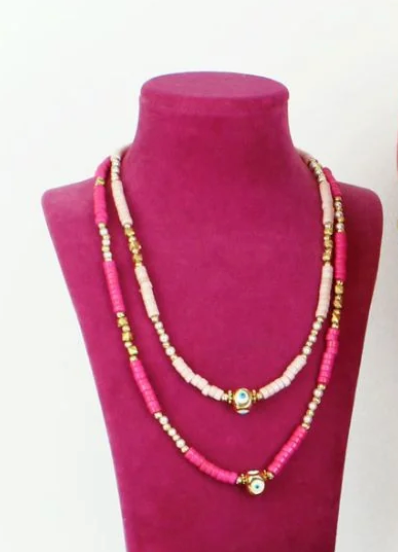 Pink Evil Eye Beaded Necklace