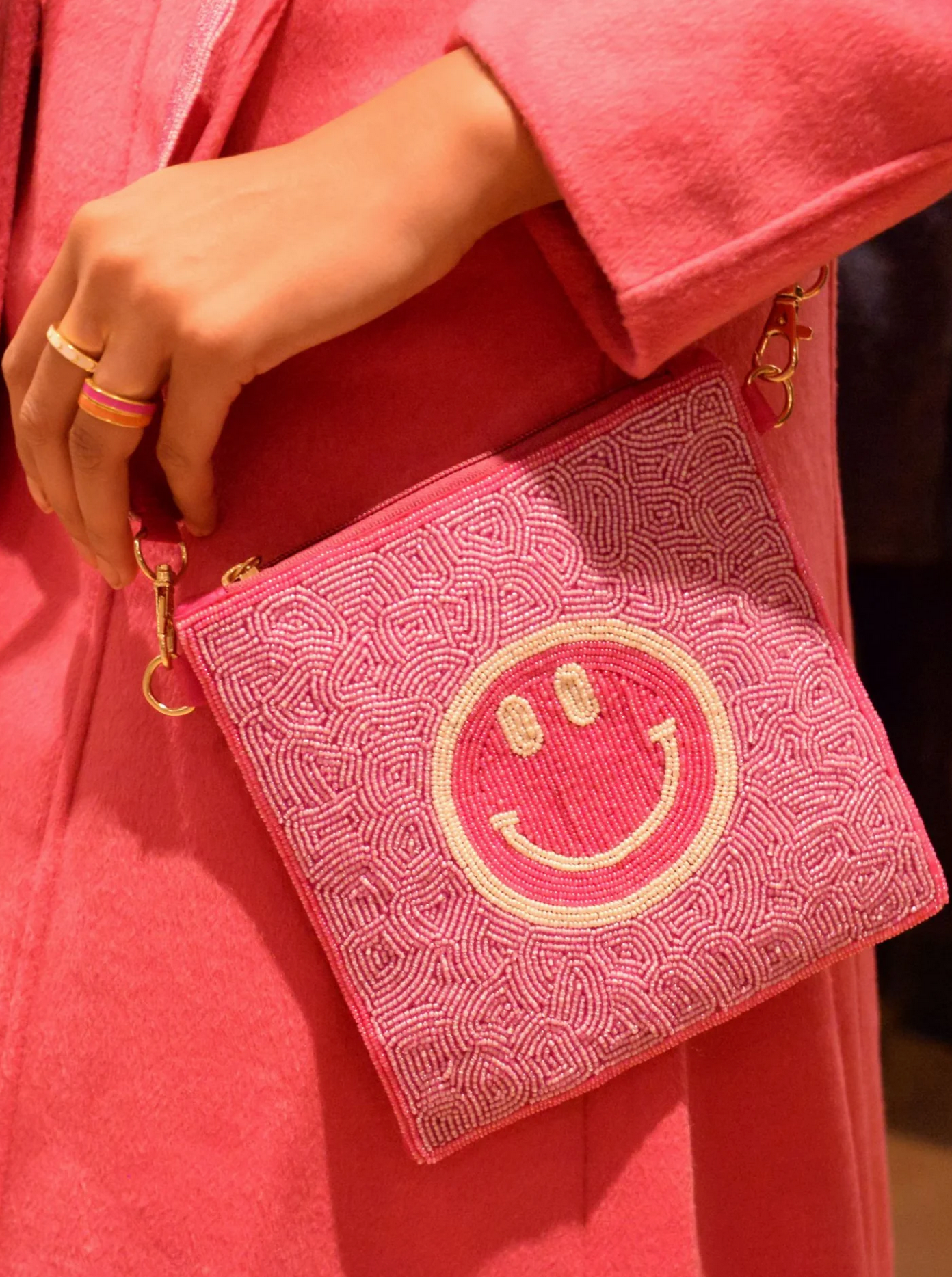Pink Beaded Smiley Face Crossbody Bag
