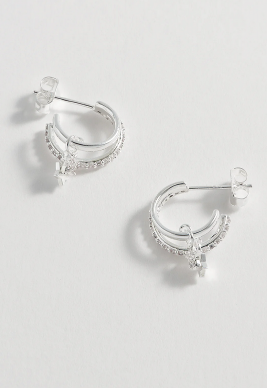 Estella Bartlett Duo Pave Star Hoops Silver Plated Earrings