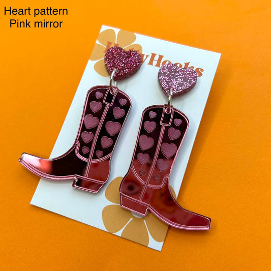Western Cowboy Boot acrylic earrings: Pink / Western pattern