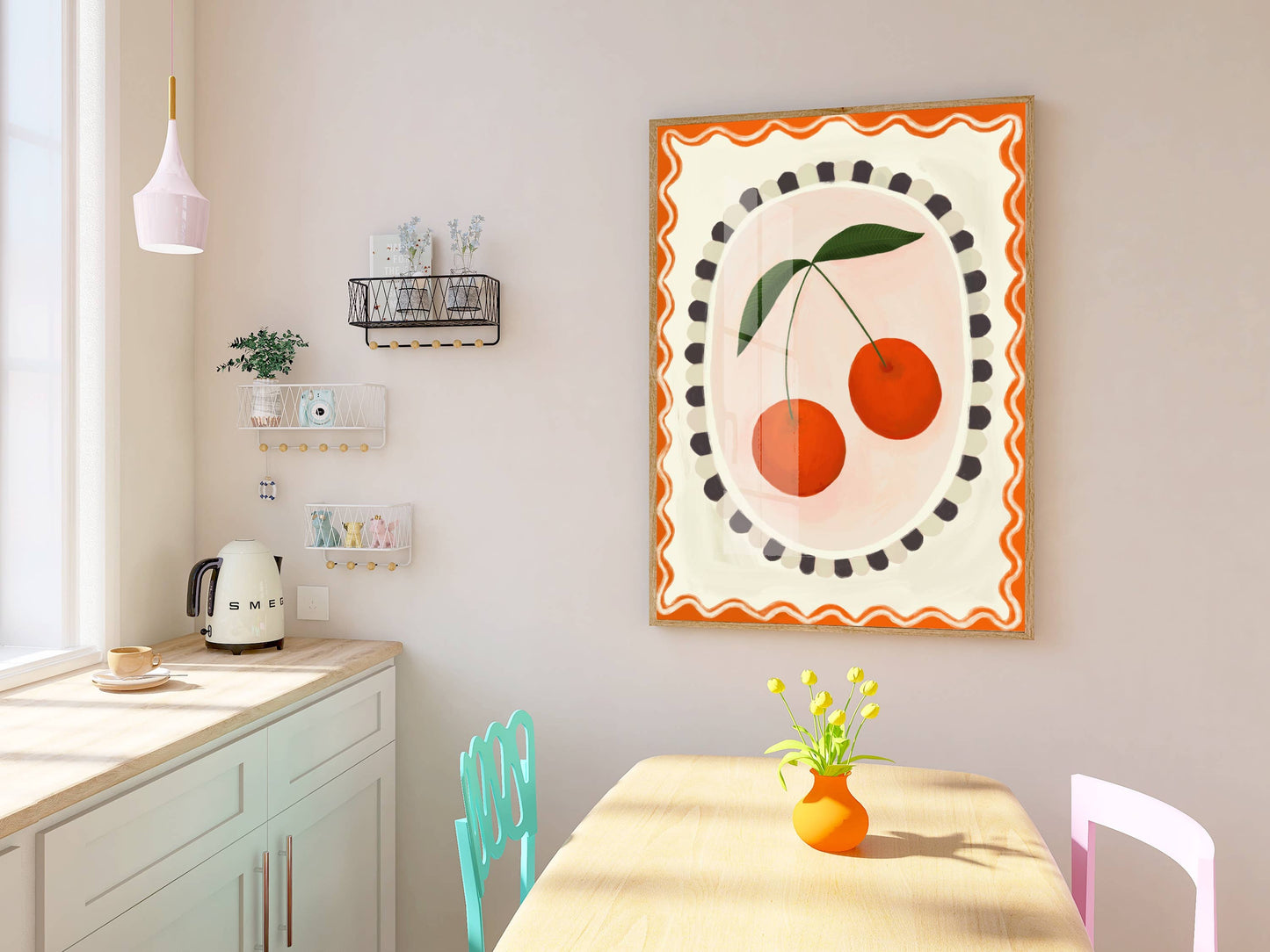 Cherry with border, Art print, Kitchen art,  colourful art: A4