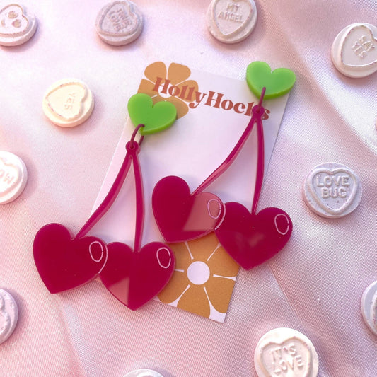 Red or Pink Love Cherry Fruit Acrylic Earrings: Pink