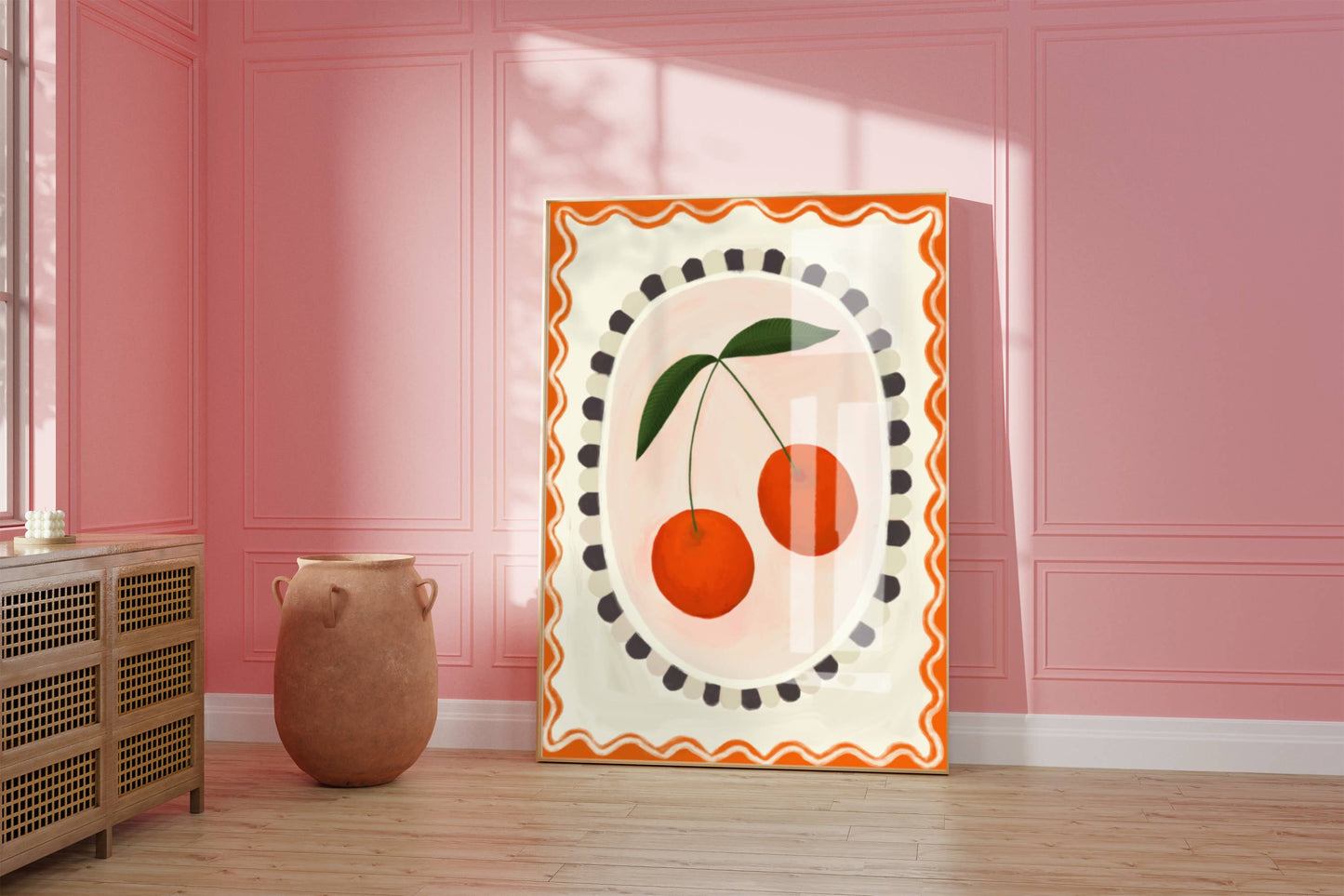 Cherry with border, Art print, Kitchen art,  colourful art: A4