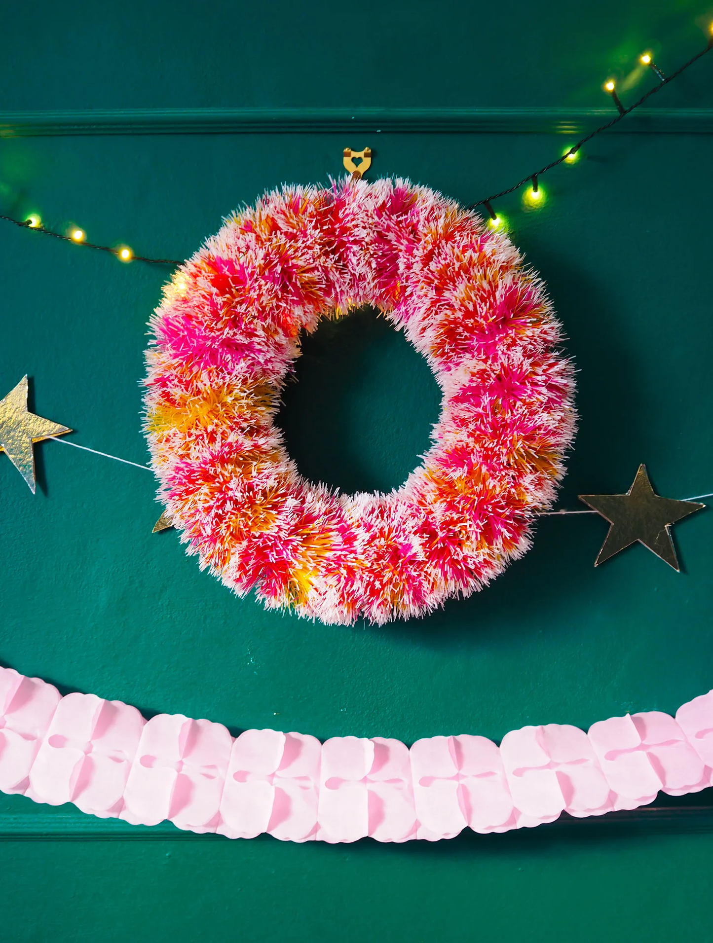 Pom PomTinsel Wreath Festive Christmas Decor Fall: 40cm / Pink Red Yellow