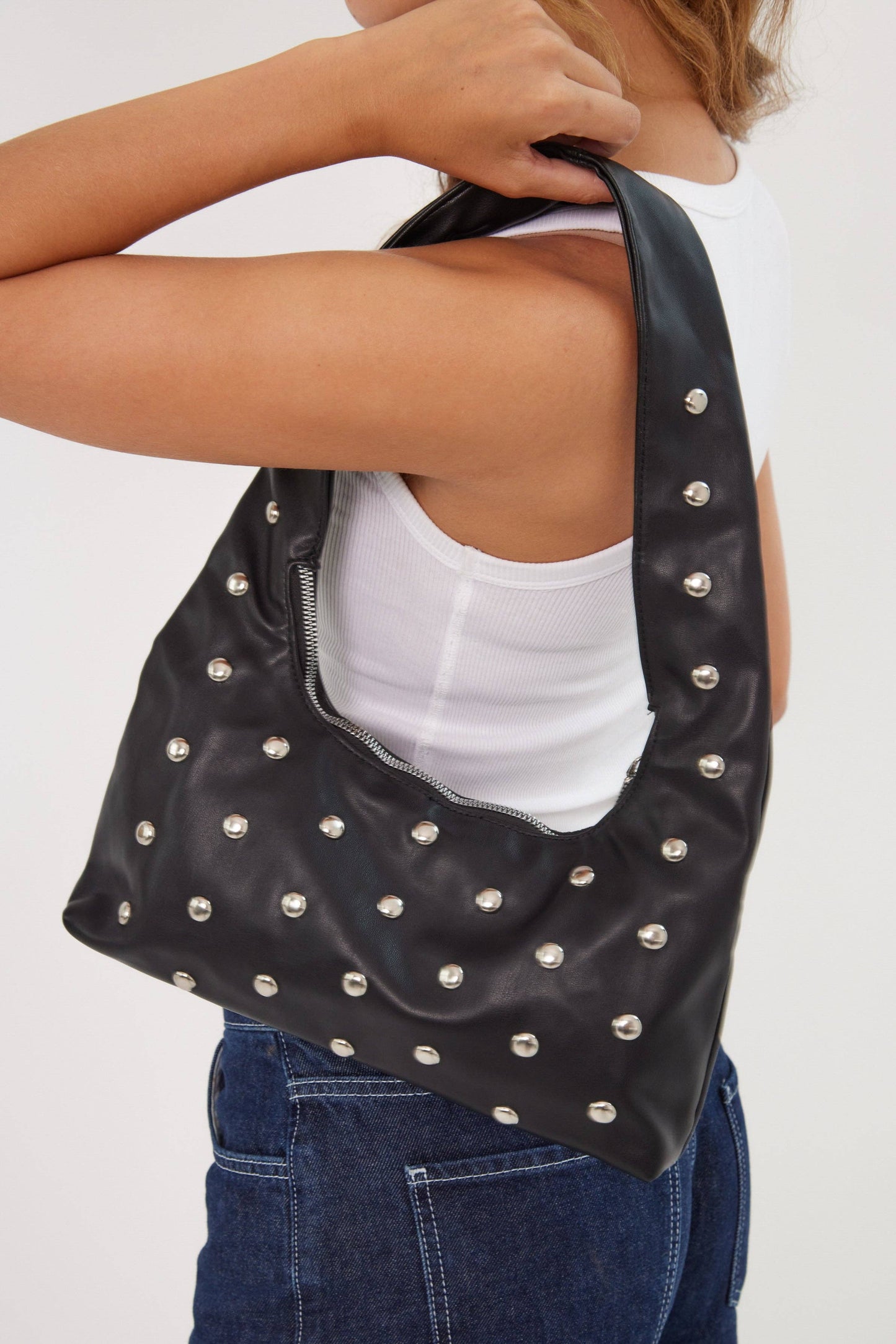 Studded Tapered Shoulder Bag in Black: Black