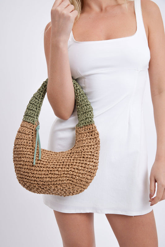Round Straw Shoulder Bag with Green Handle: Brown