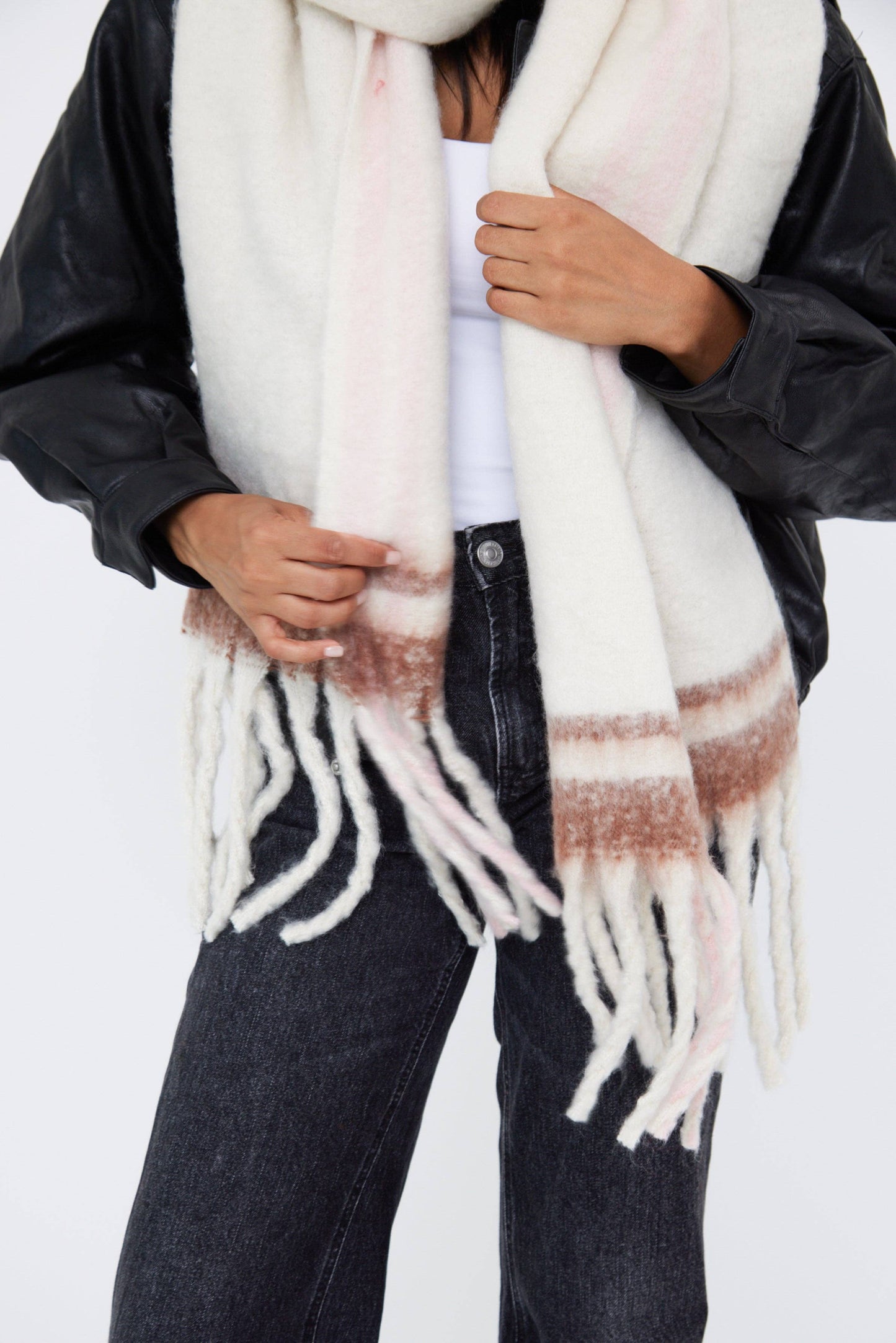 Oversized Super Soft Blanket Scarf with Stripe Detail in Cream, Brown and Pink: Cream
