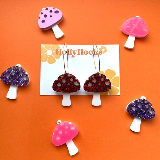 Toadstool Mushroom Hoop Acrylic Earrings: Gold hoop