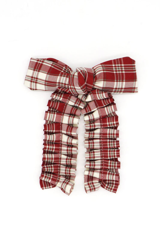 Ruched Check Bow Clip in Red: Red